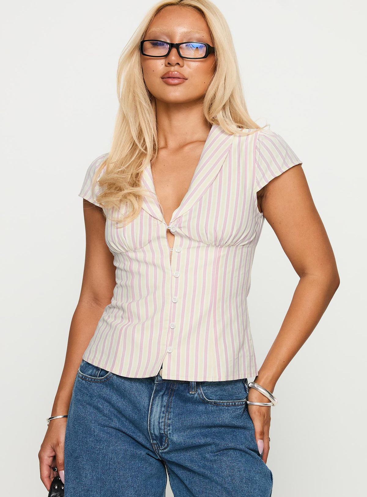 front view of model wearing Princess Polly Ellis Island Collared Top Pink Stripe Short Sleeves Plunger 