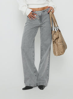 Featuring Pipper Asymmetrical Button Up Jeans Grey Wash womens-jeans with high-rise Princess Polly