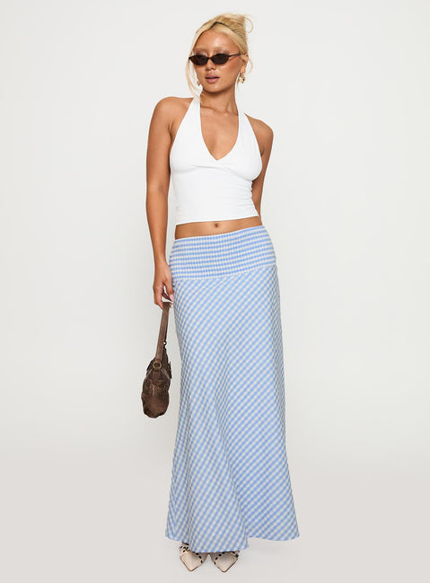   side view of model wearing Princess Polly Every Girl Shirred Maxi Skirt Blue Check Maxi Skirts Skirts 