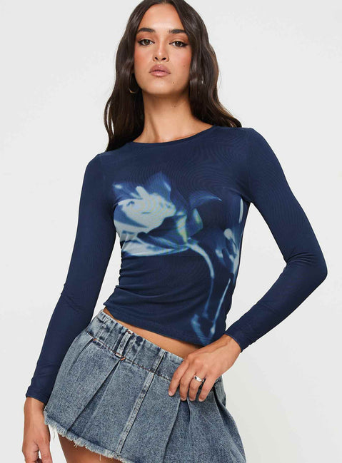 front view of model wearing Princess Polly Raldor Long Sleeve Top Navy Full Sleeves Crew Neck 
