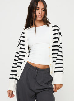 back view of model wearing Princess Polly Karlson Striped Cardigan Cream / Black cropped Jumpers 