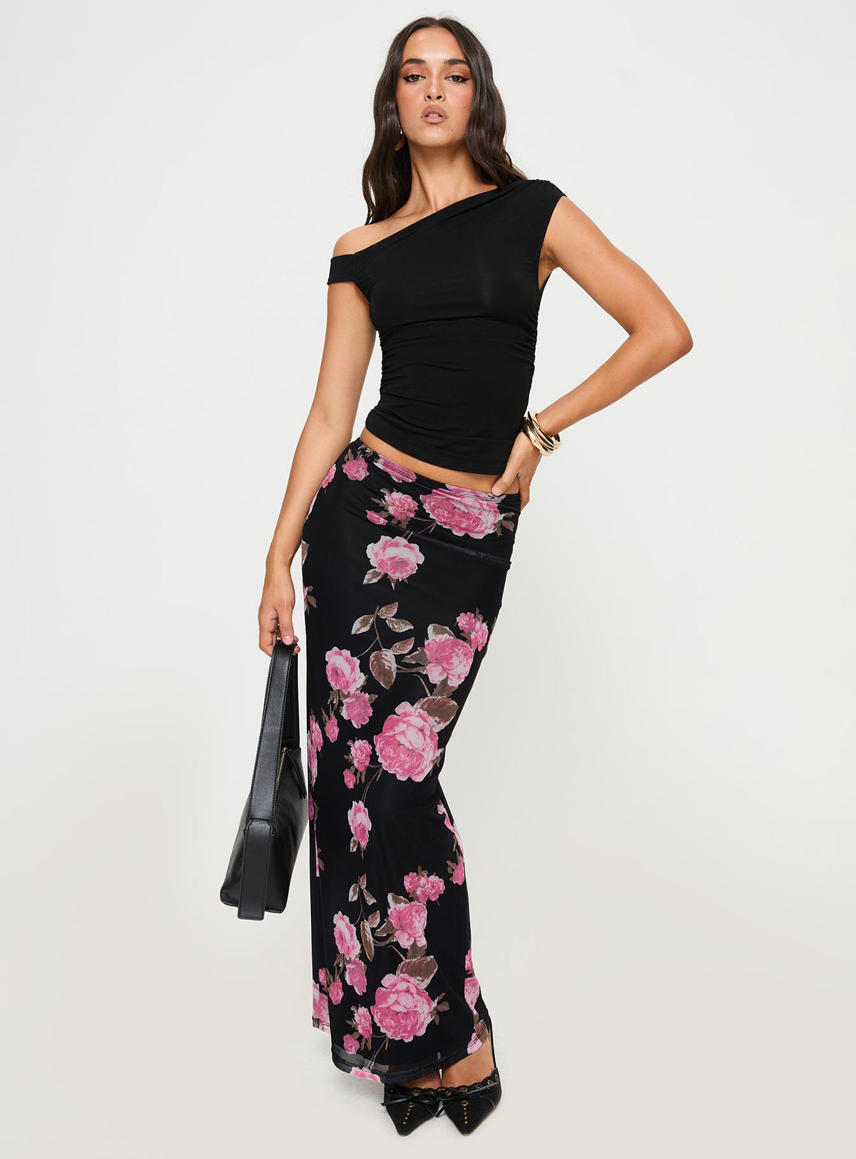   front view of model wearing Princess Polly Modalla Maxi Skirt Black Floral Maxi Skirts Skirts 