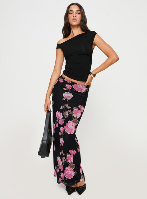   front view of model wearing Princess Polly Modalla Maxi Skirt Black Floral Maxi Skirts Skirts 