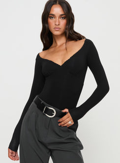 back view of model wearing Princess Polly Loveydove Bodysuit Black Long Sleeve Tops Bodysuit 