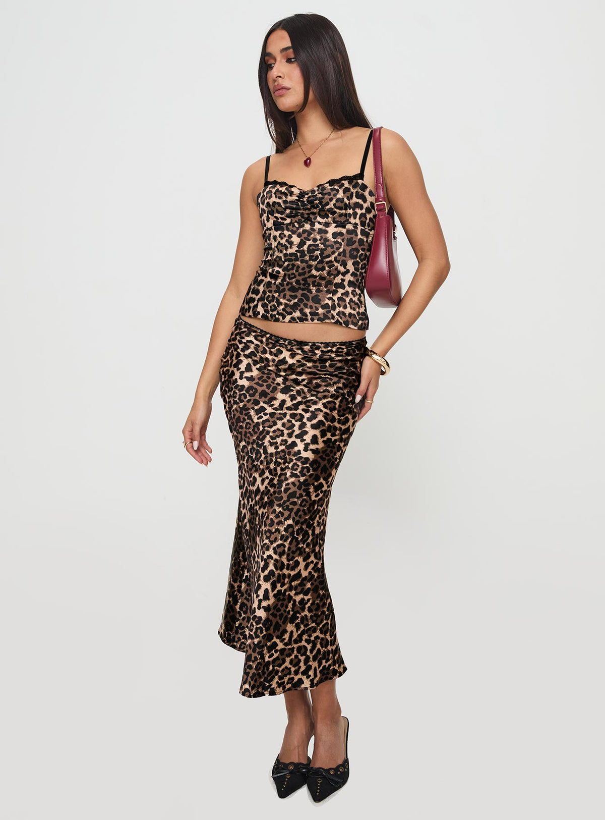   front view of model wearing Princess Polly Enigmatic Maxi Skirt Leopard Maxi Skirts Skirts 