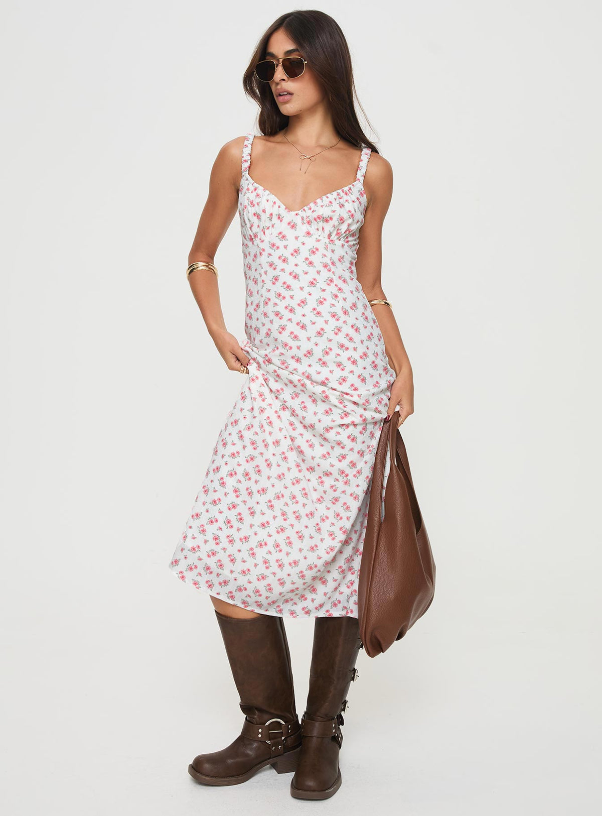 front view of model wearing Princess Polly Georgia Midi Dress White / Pink Floral Plunger 