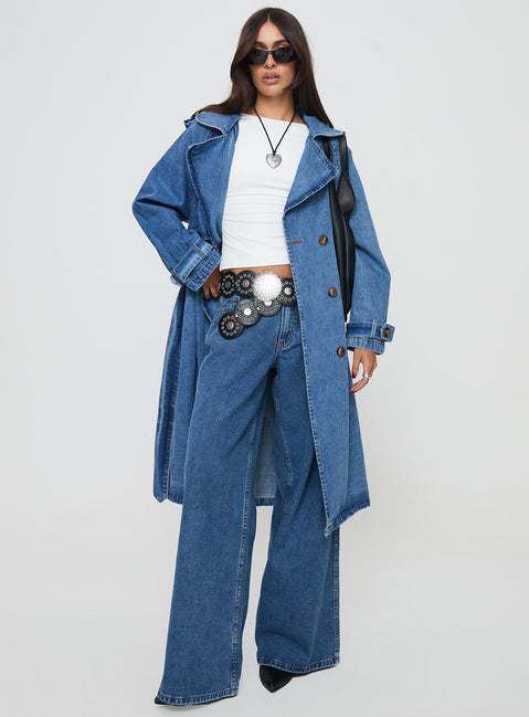 Denim trench coat Lapel collar, button fastening down front, adjustable & removable belts on cuff & waist Non-stretch material, unlined 