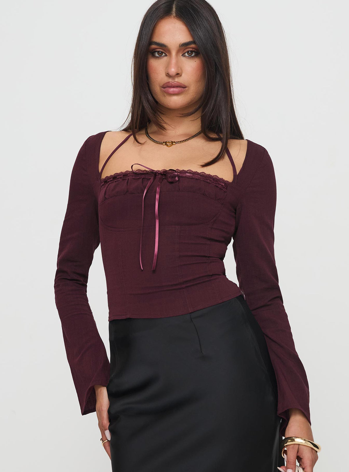 front view of model wearing Princess Polly Trynia Long Sleeve Top Burgundy Full Sleeves Square Neck 