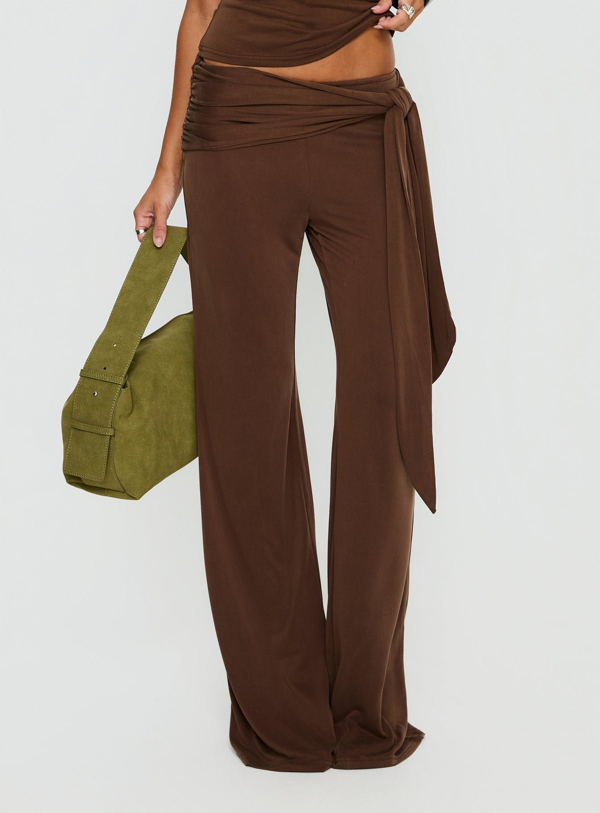 back view of model wearing Princess Polly Katiana Wrap Jersey Pants Brown Mid Rise Pants Pants 