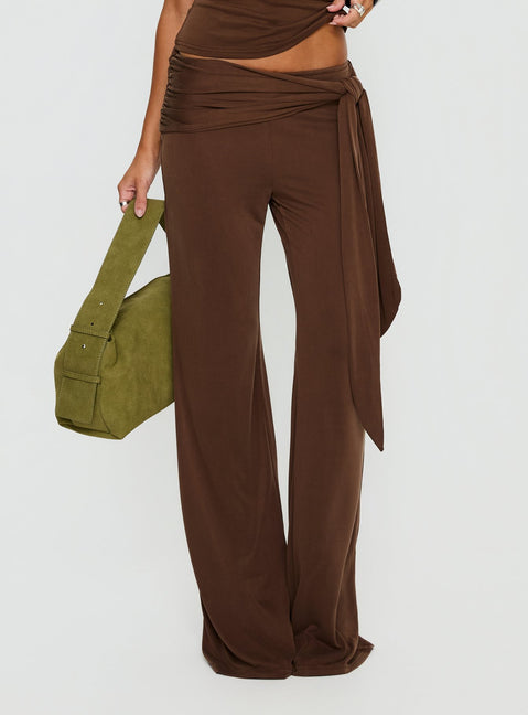 back view of model wearing Princess Polly Katiana Wrap Jersey Pants Brown Mid Rise Pants Pants 