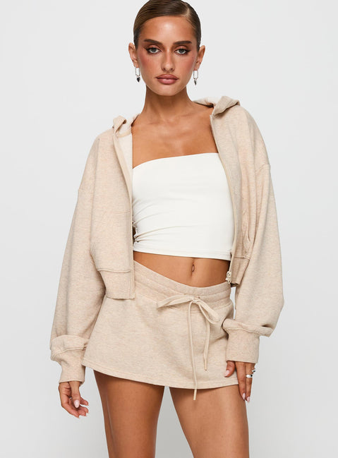 front view of model wearing Princess Polly Down Low Fleece Skort Oat Marle 