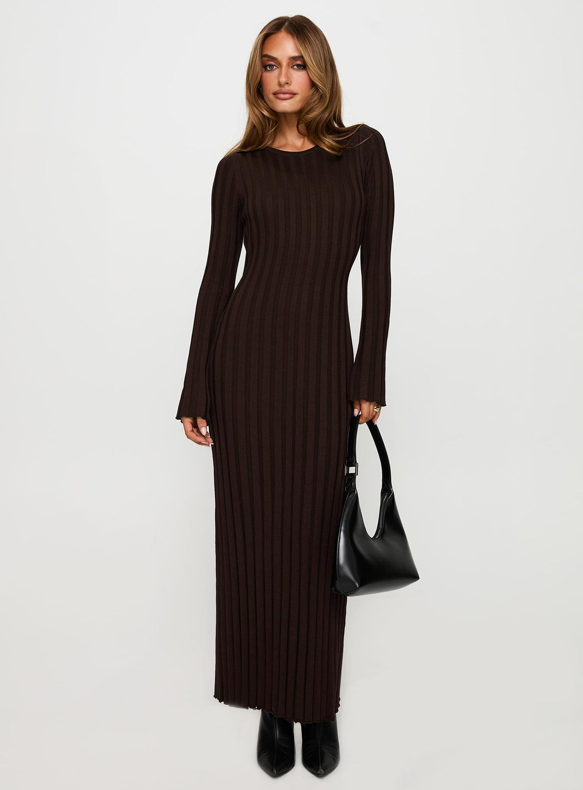 front view of model wearing Princess Polly Vespa Long Sleeve Maxi Dress Brown Crew Neck 