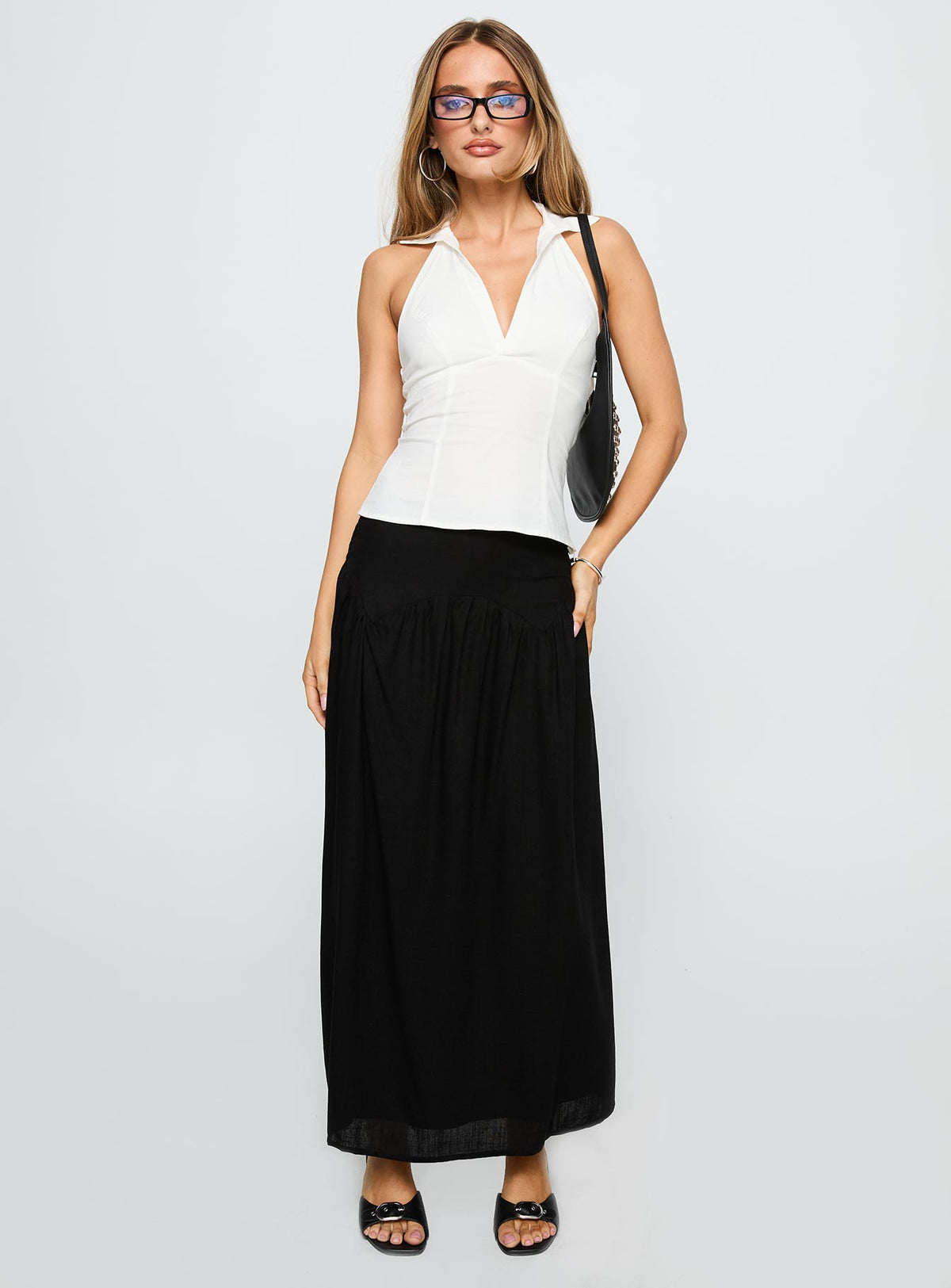   front view of model wearing Princess Polly Human Nurture Maxi Skirt Black Maxi Skirts Skirts 