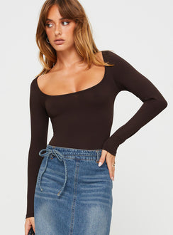 front view of model wearing Princess Polly Ellery Bodysuit Brown Tall Long Sleeve Tops Bodysuit 