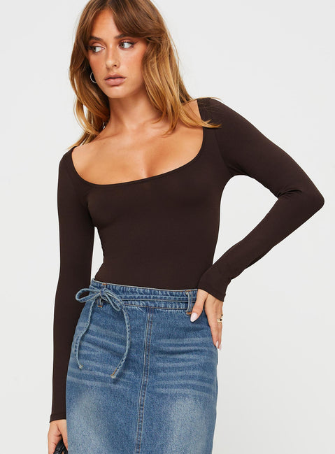 front view of model wearing Princess Polly Ellery Bodysuit Brown Tall Long Sleeve Tops Bodysuit 