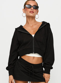 Showcasing the Revive Zip Through Hoodie Black in womens-jumpers with short length front view of model wearing Princess Polly