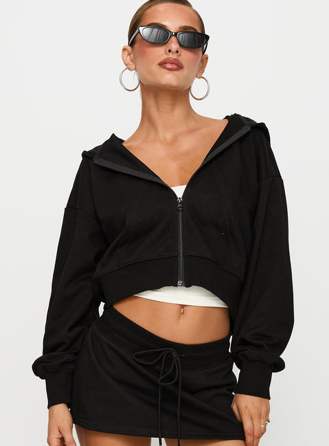 Showcasing the Revive Zip Through Hoodie Black in womens-jumpers with short length front view of model wearing Princess Polly