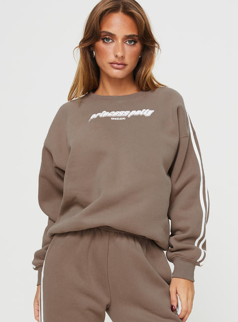 front view of model wearing Princess Polly Princess Polly Crew Neck Sweatshirt Stripe Taupe / White regular Jumpers 