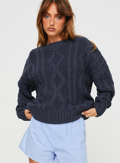 front view of model wearing Princess Polly Anaya Oversized Sweater Navy Cropped Jumpers Jumpers 