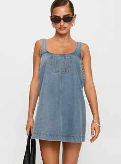 back view of model wearing Princess Polly State Of Mind Mini Dress Blue Denim Scoop Neck 