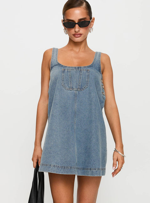 back view of model wearing Princess Polly State Of Mind Mini Dress Blue Denim Scoop Neck 