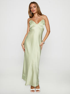 front view of model wearing Princess Polly Cyrielle Embroidered Maxi Dress Sage Plunger 