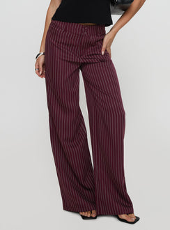 back view of model wearing Princess Polly Lorenne Mid Rise Pant Burgundy Pinstripe High Waisted Pants 