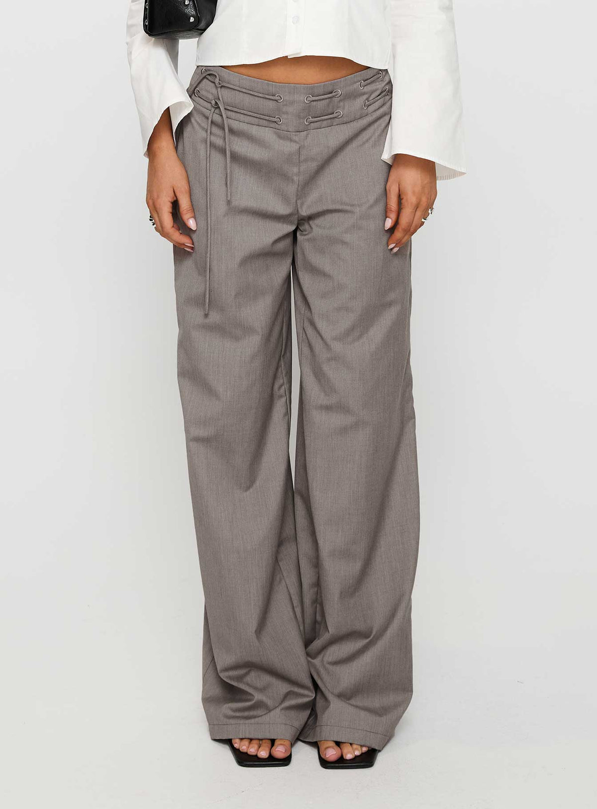 back view of model wearing Princess Polly Just Have Fun Wide Leg Pant Grey Tall High Rise Pants Pants 