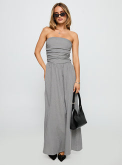 front view of model wearing Princess Polly Arkadia Strapless Maxi Dress Black / White Check Straight Neck 