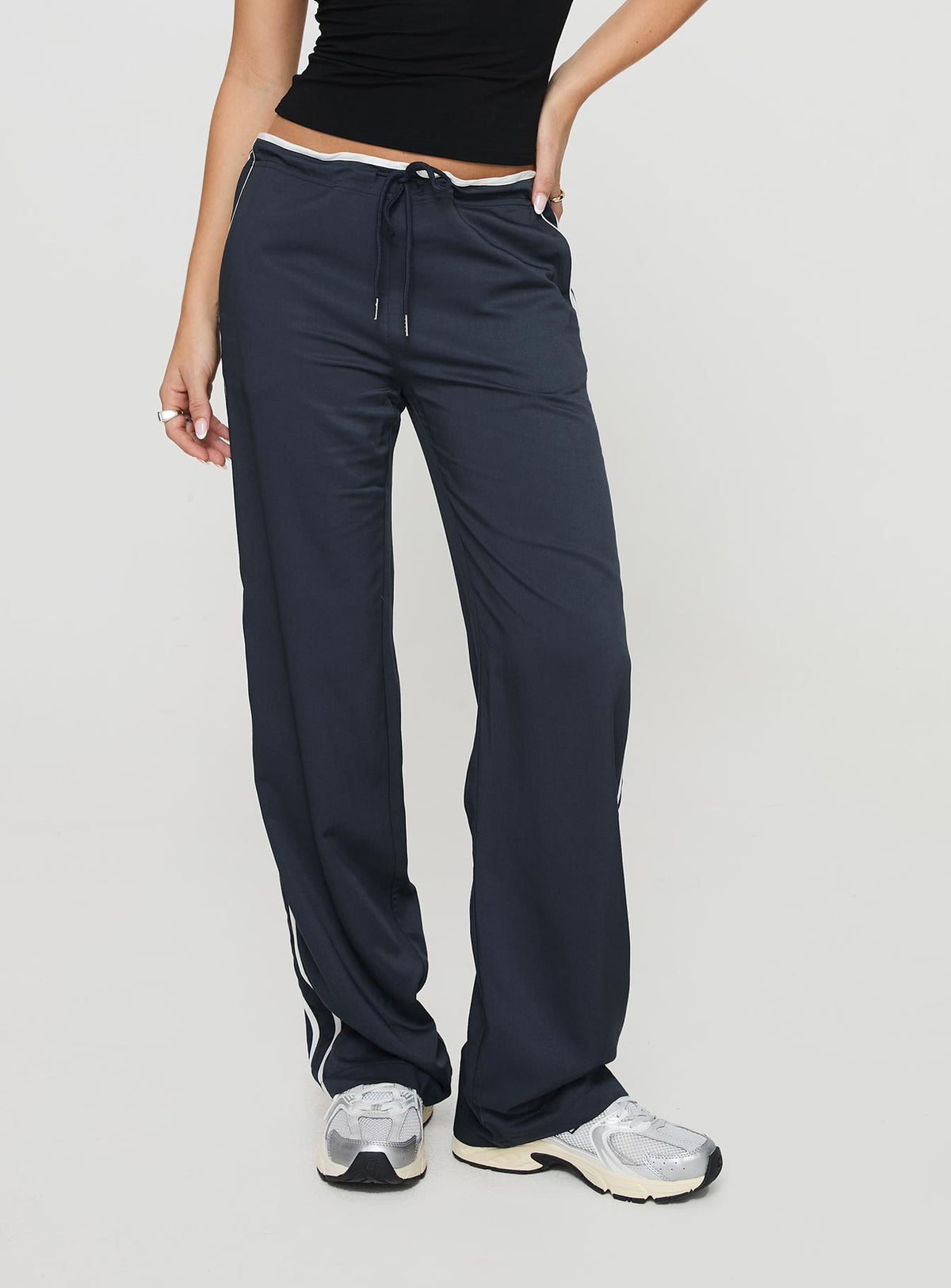 back view of model wearing Princess Polly Maranie Pants Navy/ White High Rise Pants Pants 