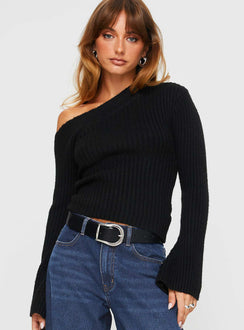front view of model wearing Princess Polly Phillips Cold Shoulder Sweater Black Cropped Jumpers Jumpers 