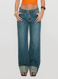 front view of model wearing Princess Polly Toros Mid Rise Wide Leg Foldover Denim Jeans Mid Blue Low Rise Jeans Jeans 