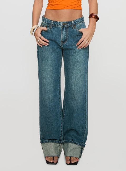 front view of model wearing Princess Polly Toros Mid Rise Wide Leg Foldover Denim Jeans Mid Blue Low Rise Jeans Jeans 