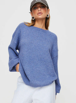 side view of model wearing Princess Polly Ryanna Sweater Blue Longline Jumpers Jumpers 