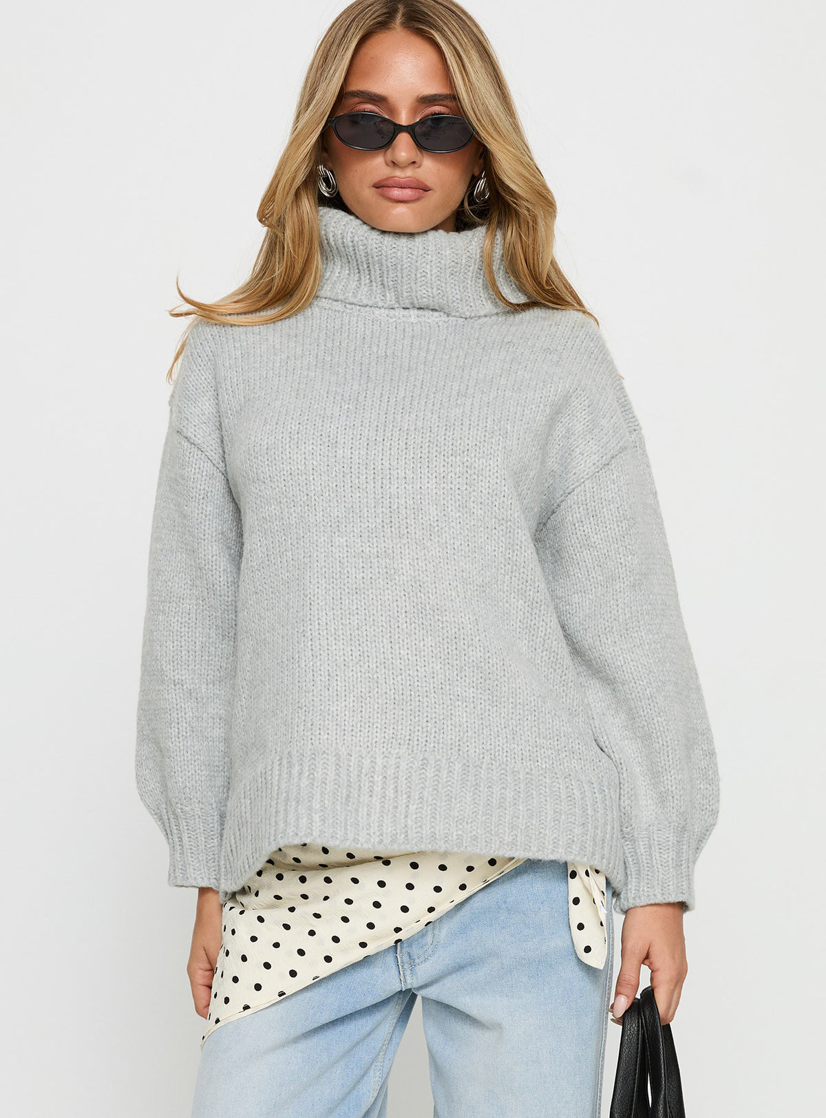 front view of model wearing Princess Polly Let Love In Knit Sweater Grey Longline Jumpers Jumpers 