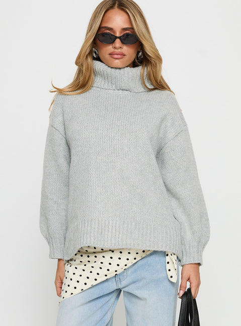 front view of model wearing Princess Polly Let Love In Knit Sweater Grey Longline Jumpers Jumpers 