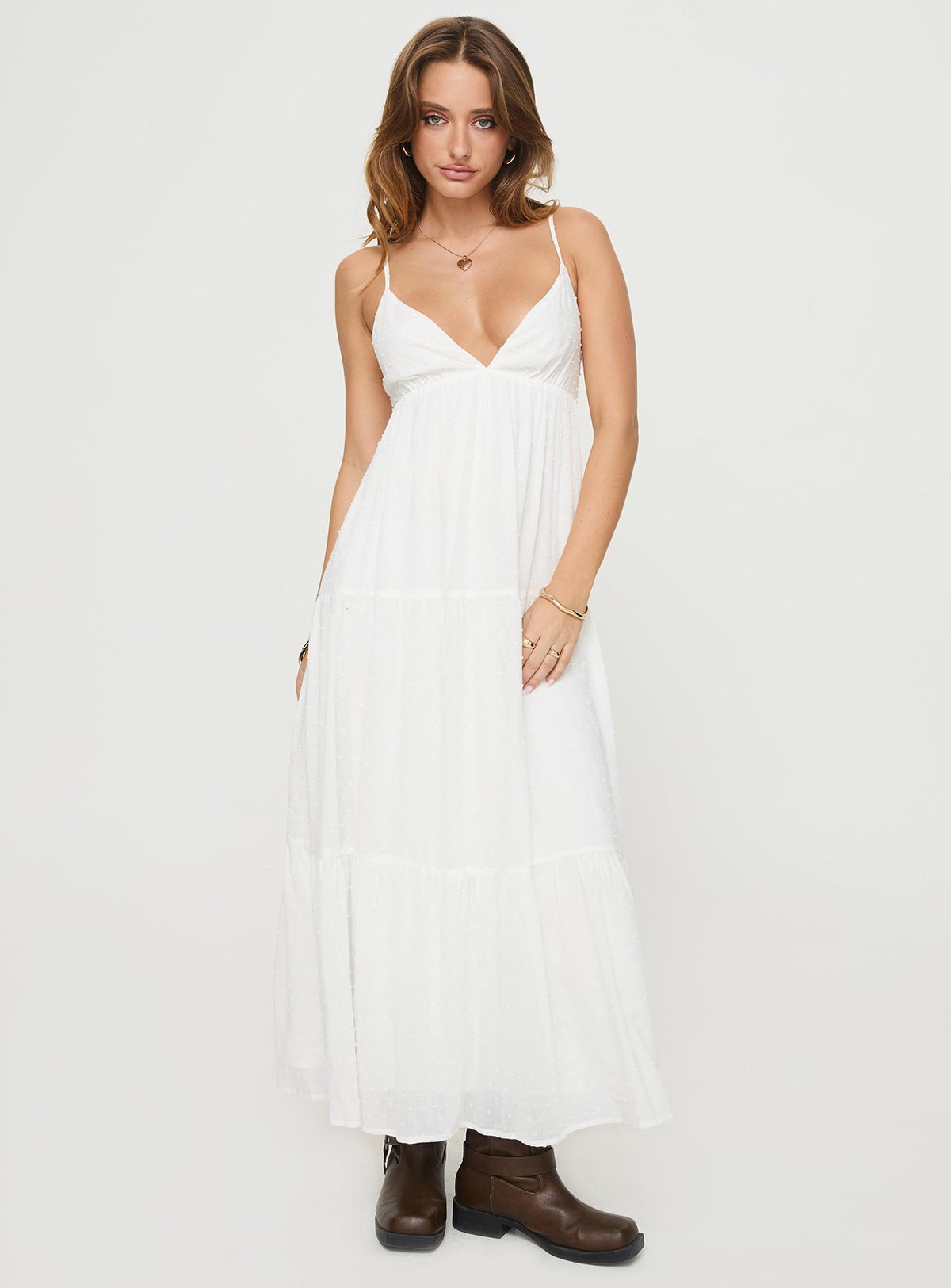 front view of model wearing Princess Polly Koko Maxi Dress White Plunger 
