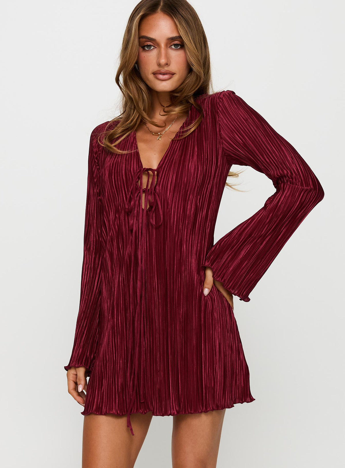 front view of model wearing Princess Polly Malop Long Sleeve Mini Dress Burgundy Plunger 