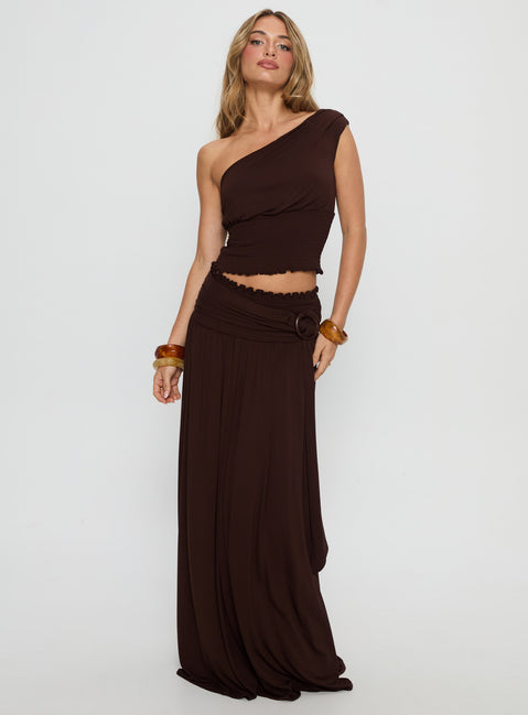   front view of model wearing Princess Polly Full Orbit Shirred Maxi Skirt Chocolate Brown Maxi Skirts Skirts 