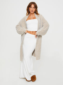 front view of model wearing Princess Polly Tremmy Textured Cardigan Natural Longline Jumpers Jumpers 
