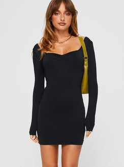 front view of model wearing Princess Polly Rehna Long Sleeve Mini Dress Black Sweetheart Neckline 
