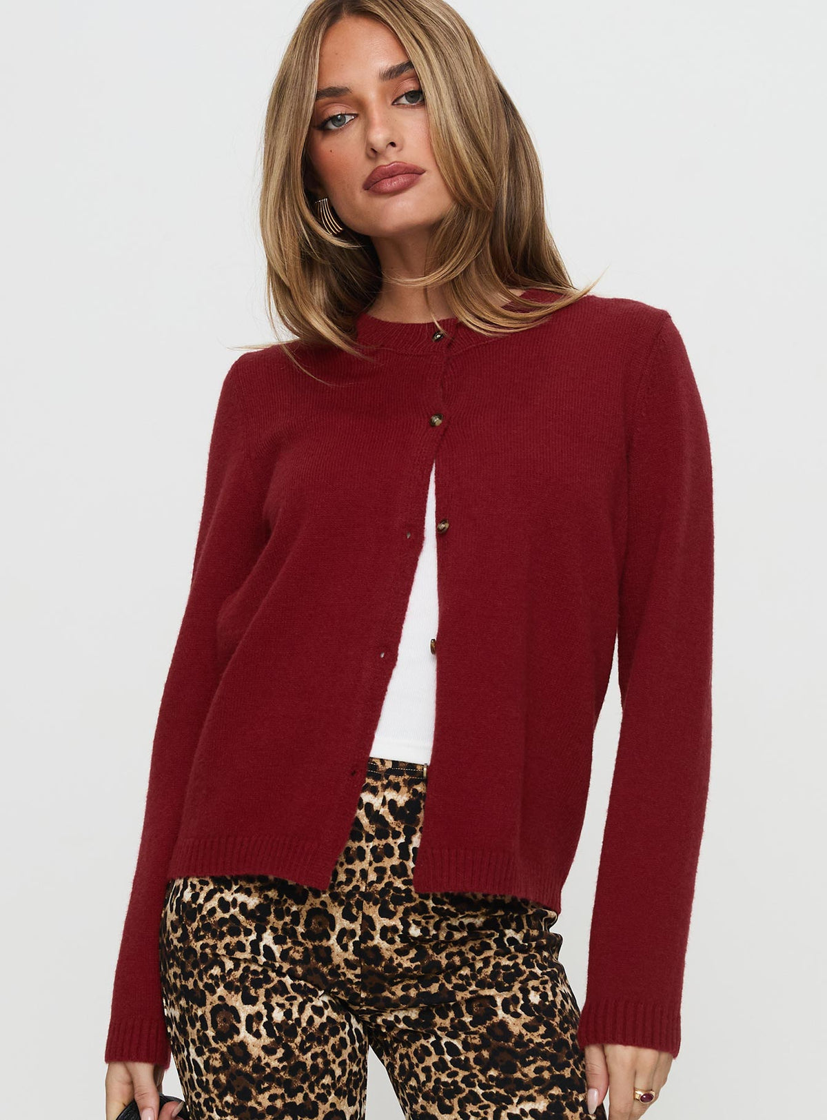 front view of model wearing Princess Polly Arica Button Up Knit Cardigan Red Longline Jumpers Jumpers 