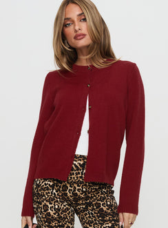 front view of model wearing Princess Polly Arica Button Up Knit Cardigan Red Longline Jumpers Jumpers 