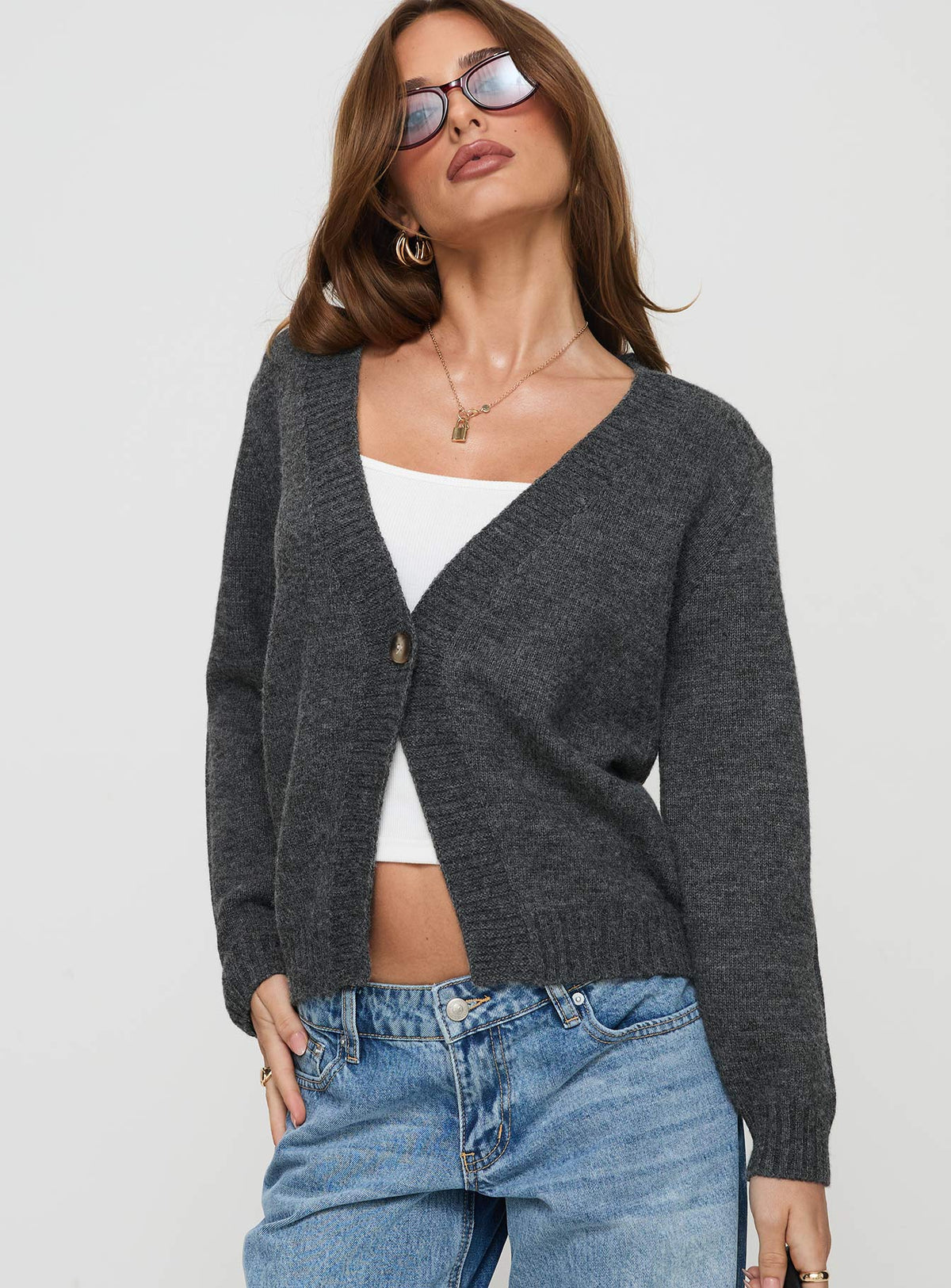 front view of model wearing Princess Polly Larkins Cardigan Grey cropped Jumpers 