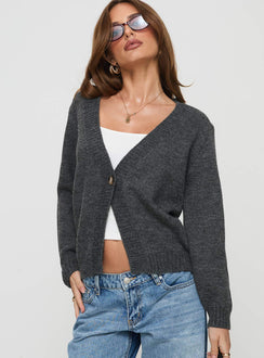 front view of model wearing Princess Polly Larkins Cardigan Grey cropped Jumpers 