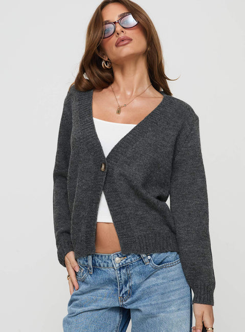 front view of model wearing Princess Polly Larkins Cardigan Grey cropped Jumpers 