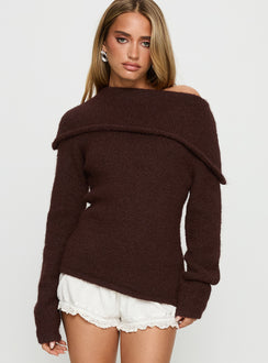 front view of model wearing Princess Polly Kinslea Off Shoulder Knit Sweater Brown regular Jumpers 