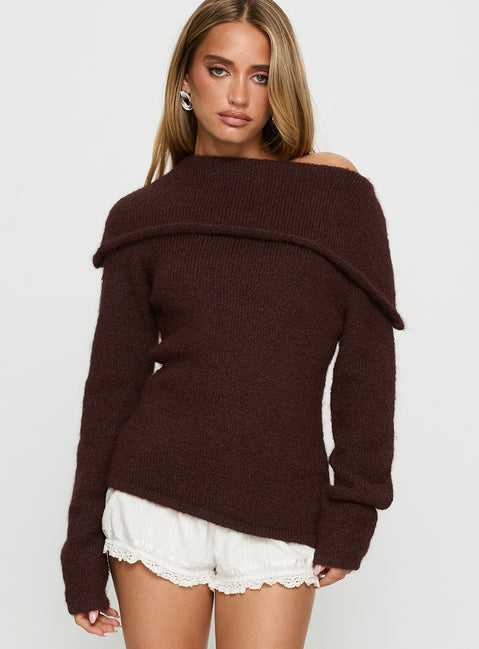 front view of model wearing Princess Polly Kinslea Off Shoulder Knit Sweater Brown regular Jumpers 