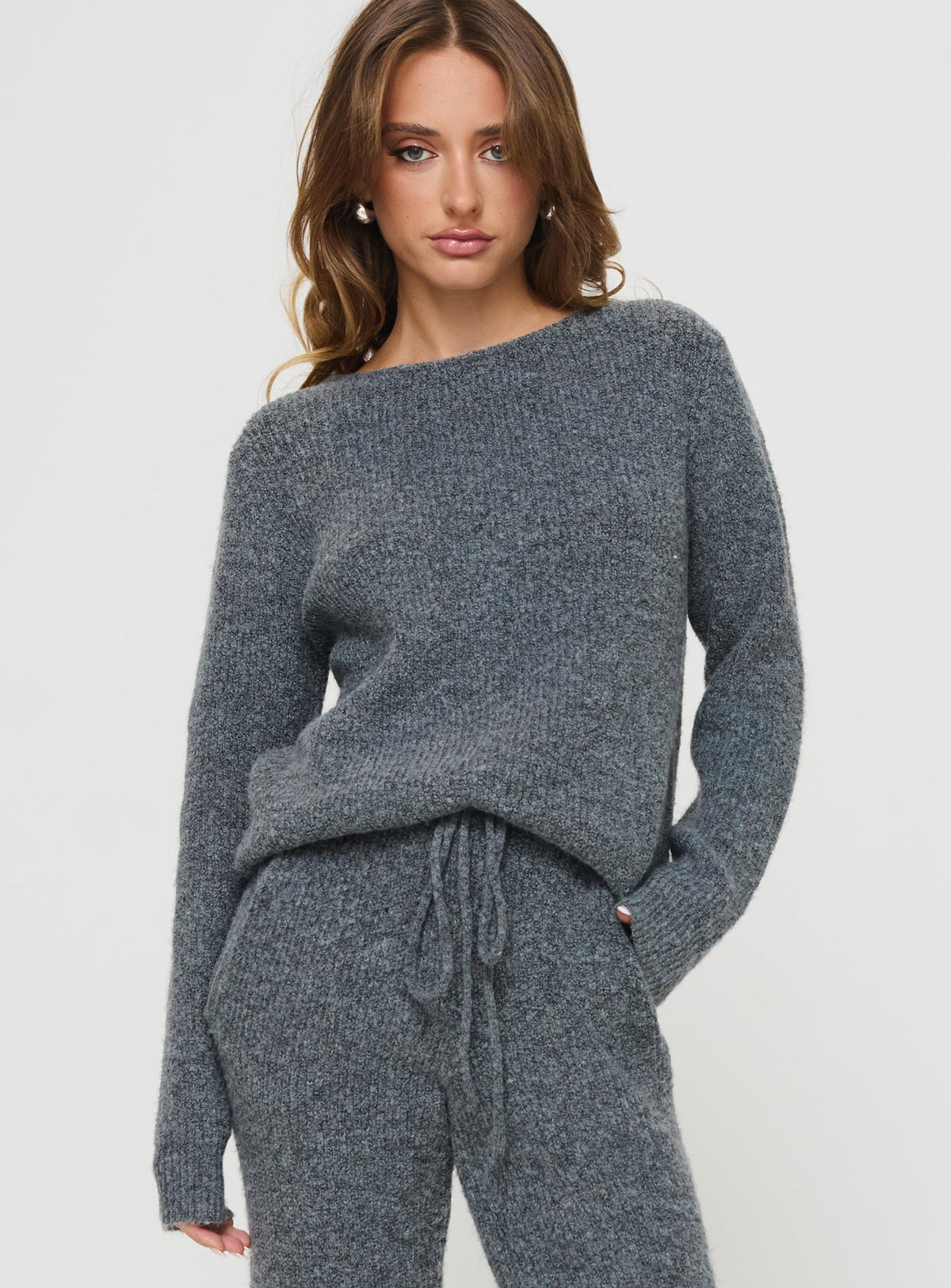 front view of model wearing Princess Polly Abrams Rib Knit Crew Sweater Charcoal Marle regular Jumpers 