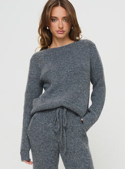 front view of model wearing Princess Polly Abrams Rib Knit Crew Sweater Charcoal Marle regular Jumpers 